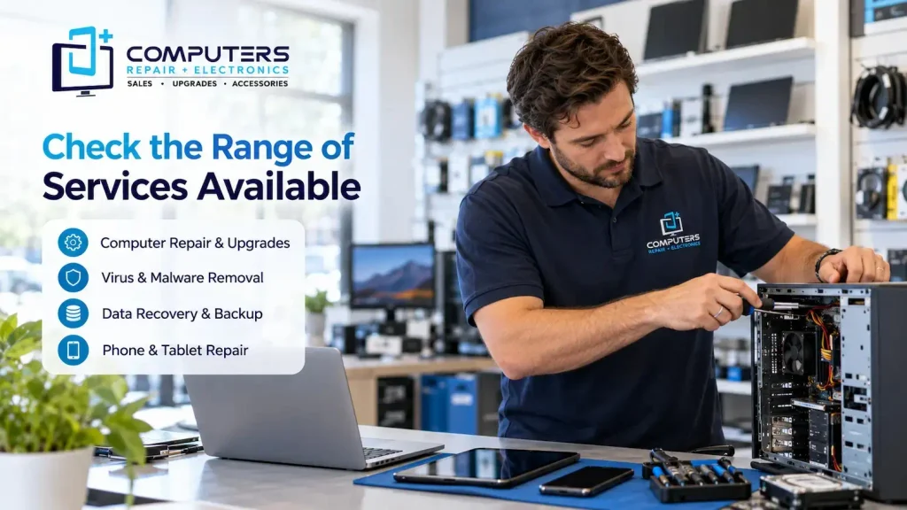 Technician performing computer diagnostic testing service.