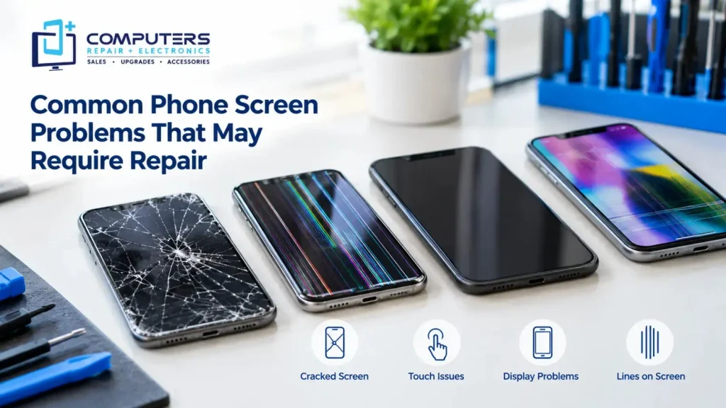 Common phone screen problems including cracks and display lines.