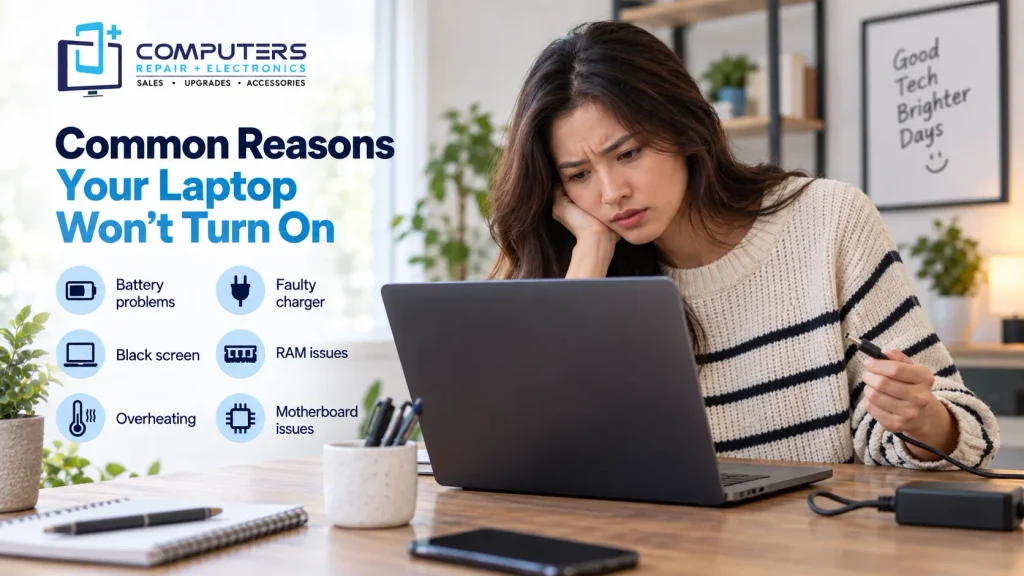 Common reasons a laptop won’t turn on including battery issues.