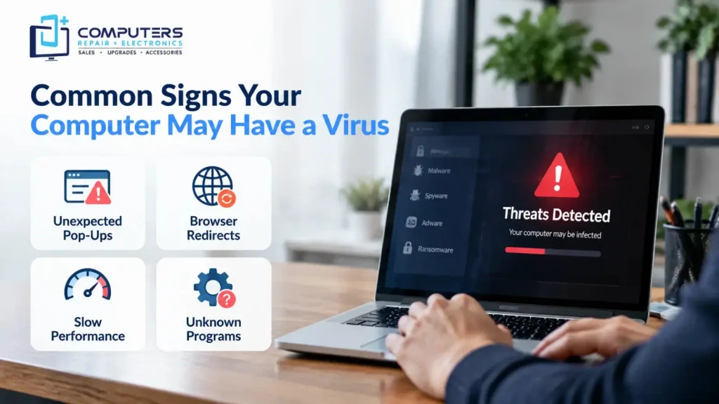 Signs your computer may have malware or security problems.