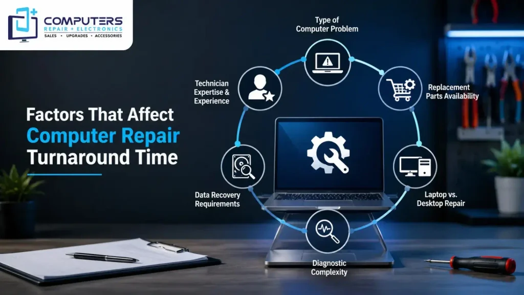 Repair timeline factors including diagnostics, parts, and data recovery.