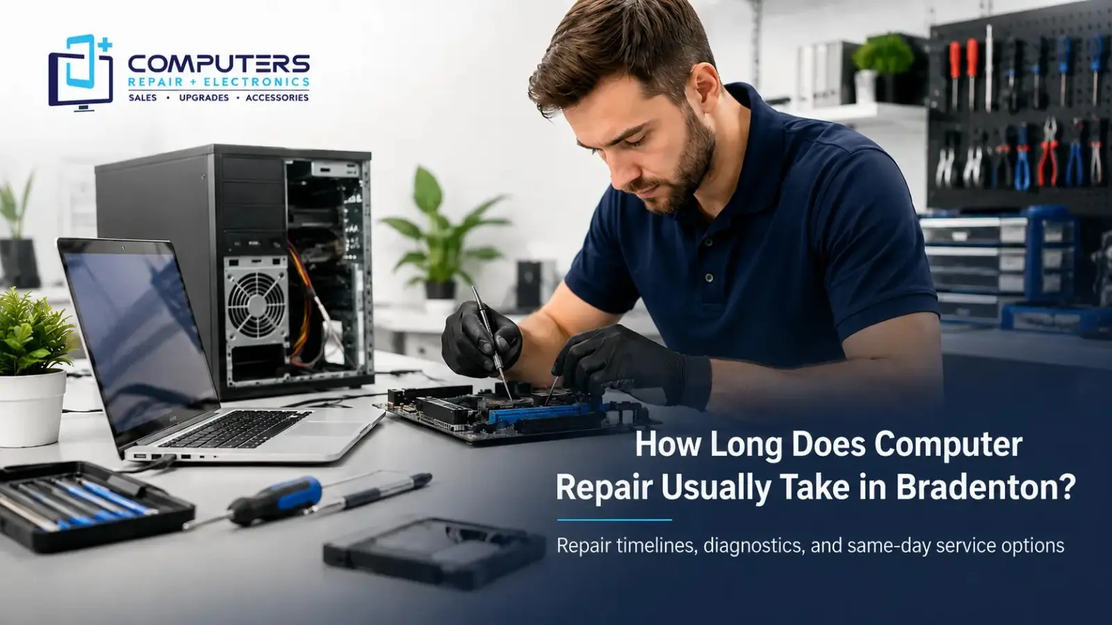 Technician diagnosing computer repair turnaround time in Bradenton.