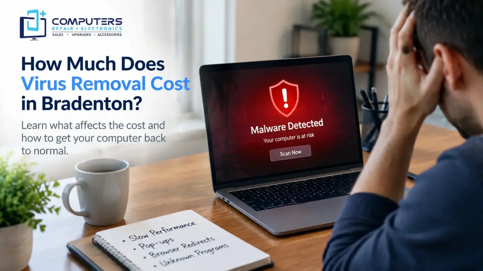 Computer virus removal cost factors in Bradenton service