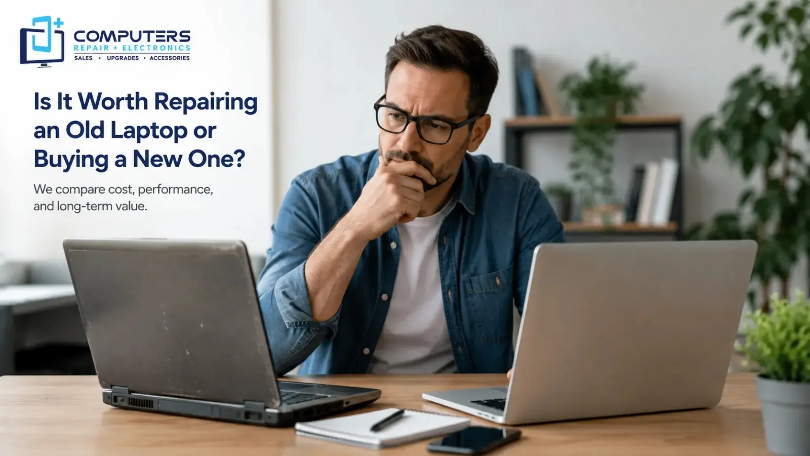 Customer comparing old laptop repair vs buying a new laptop.