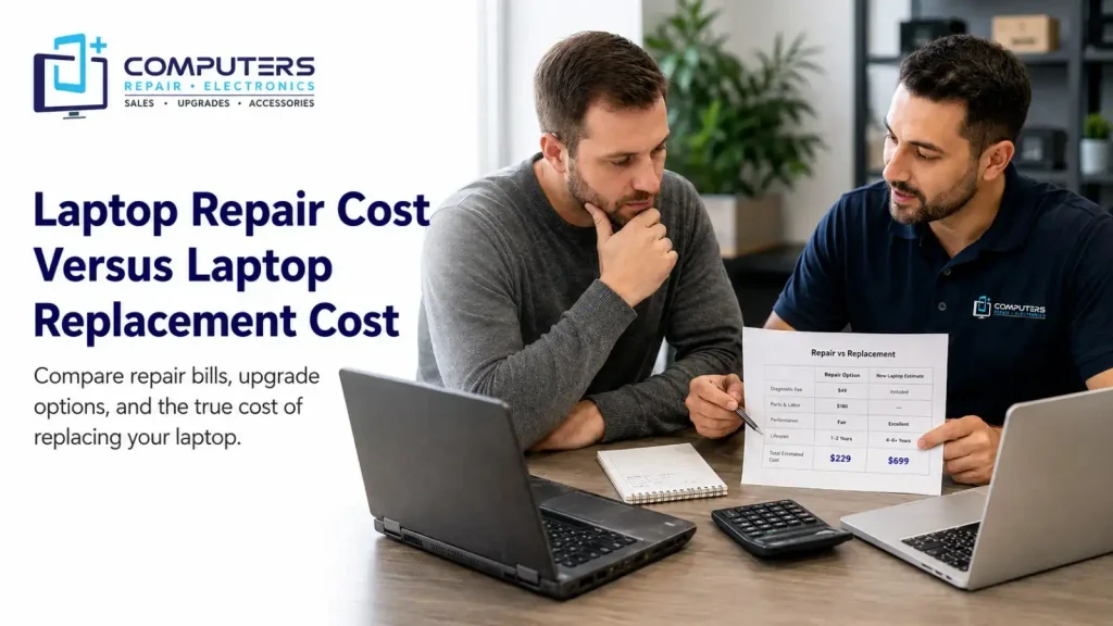 Laptop repair cost compared with replacement cost options.