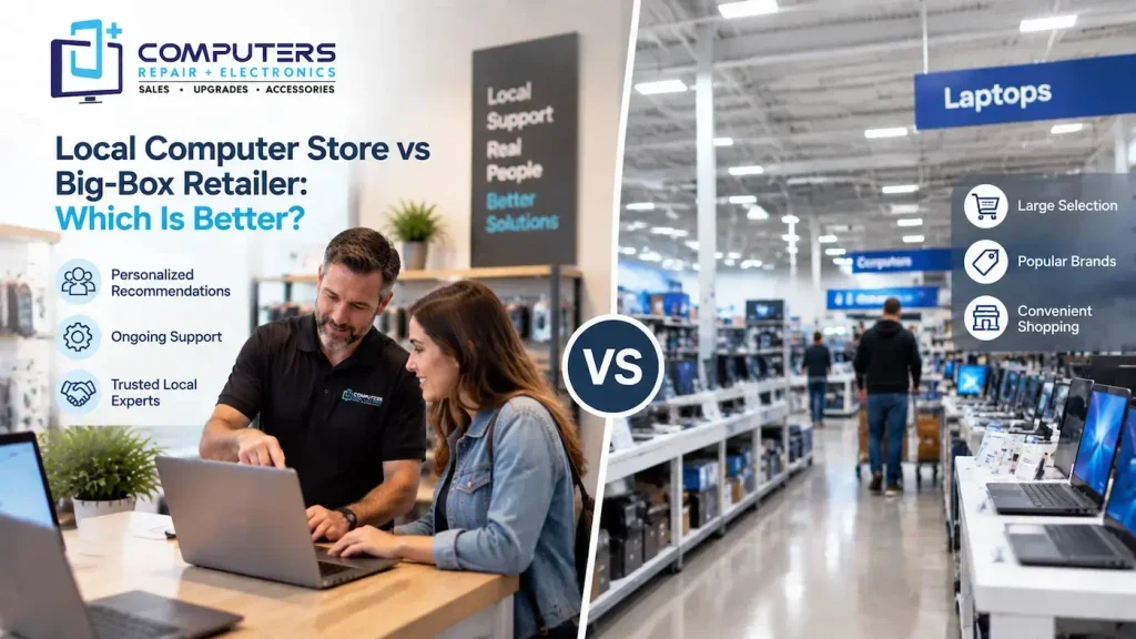 Choosing between local support and big-box computer shopping.