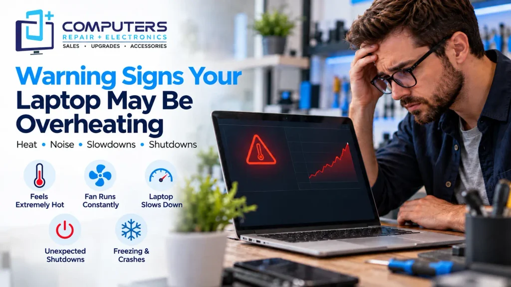 Warning signs of laptop overheating displayed with repair icons.