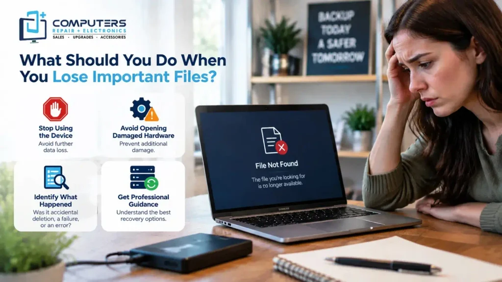 Steps to take after losing files from your computer device.