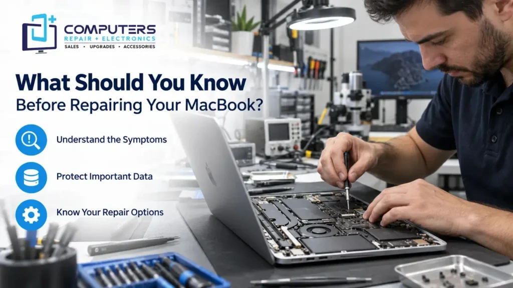 Technician inspecting MacBook before repair at Computers Repair Plus