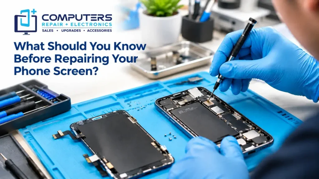 Technician inspecting phone damage before screen repair.