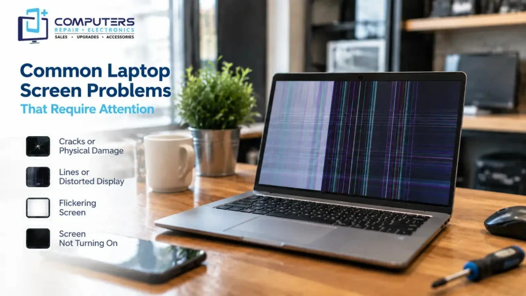 Damaged laptop display problems needing professional attention