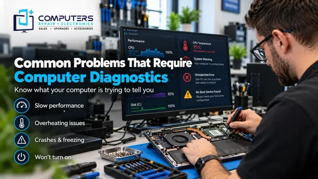 Computer diagnostic screen showing overheating and system errors