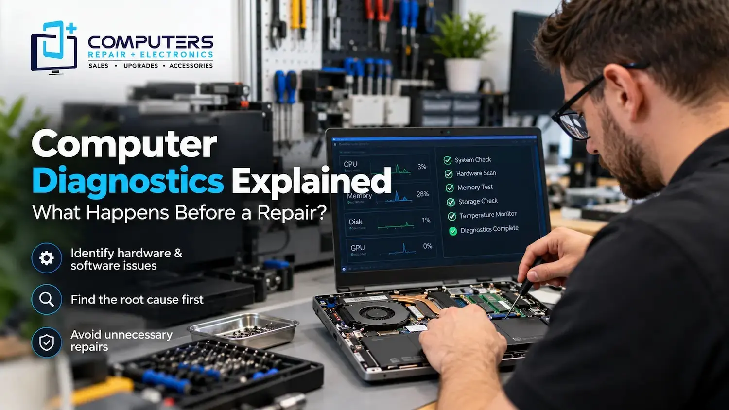 Technician performing computer diagnostics before laptop repair