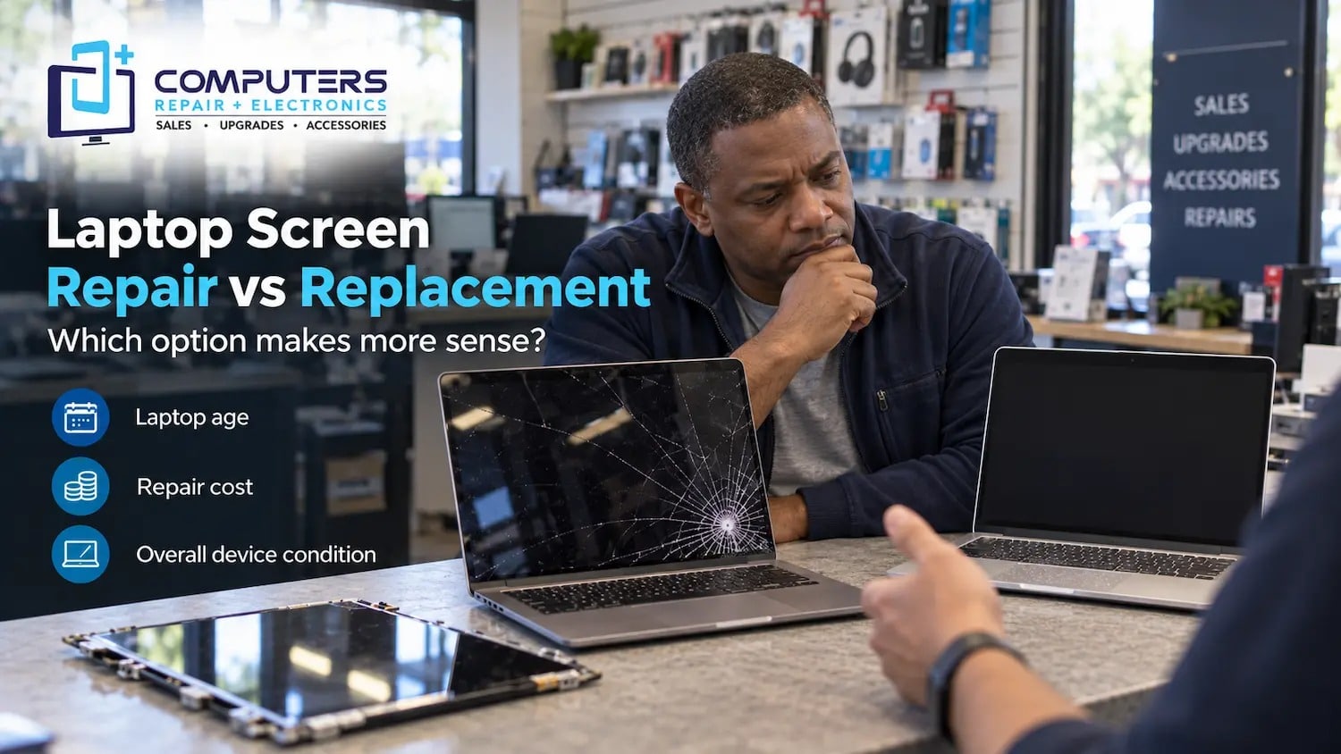 Laptop screen repair vs replacement guide by Computers Repair Plus.