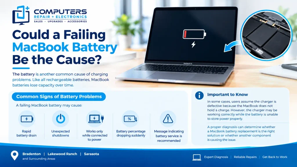 Failing MacBook battery symptoms and repair at Computers Repair Plus.