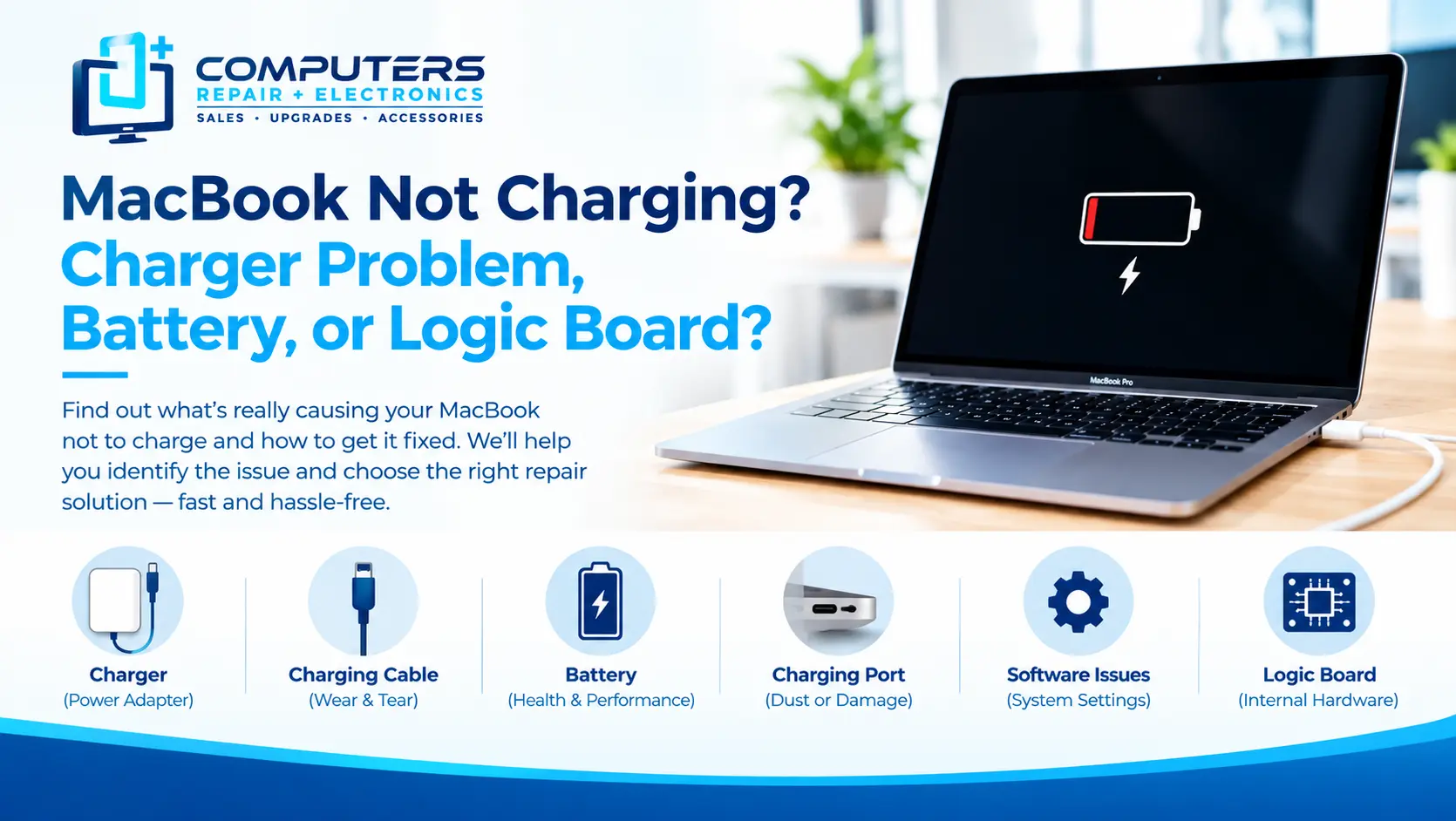 MacBook not charging: charger, battery, and logic board repair guide.