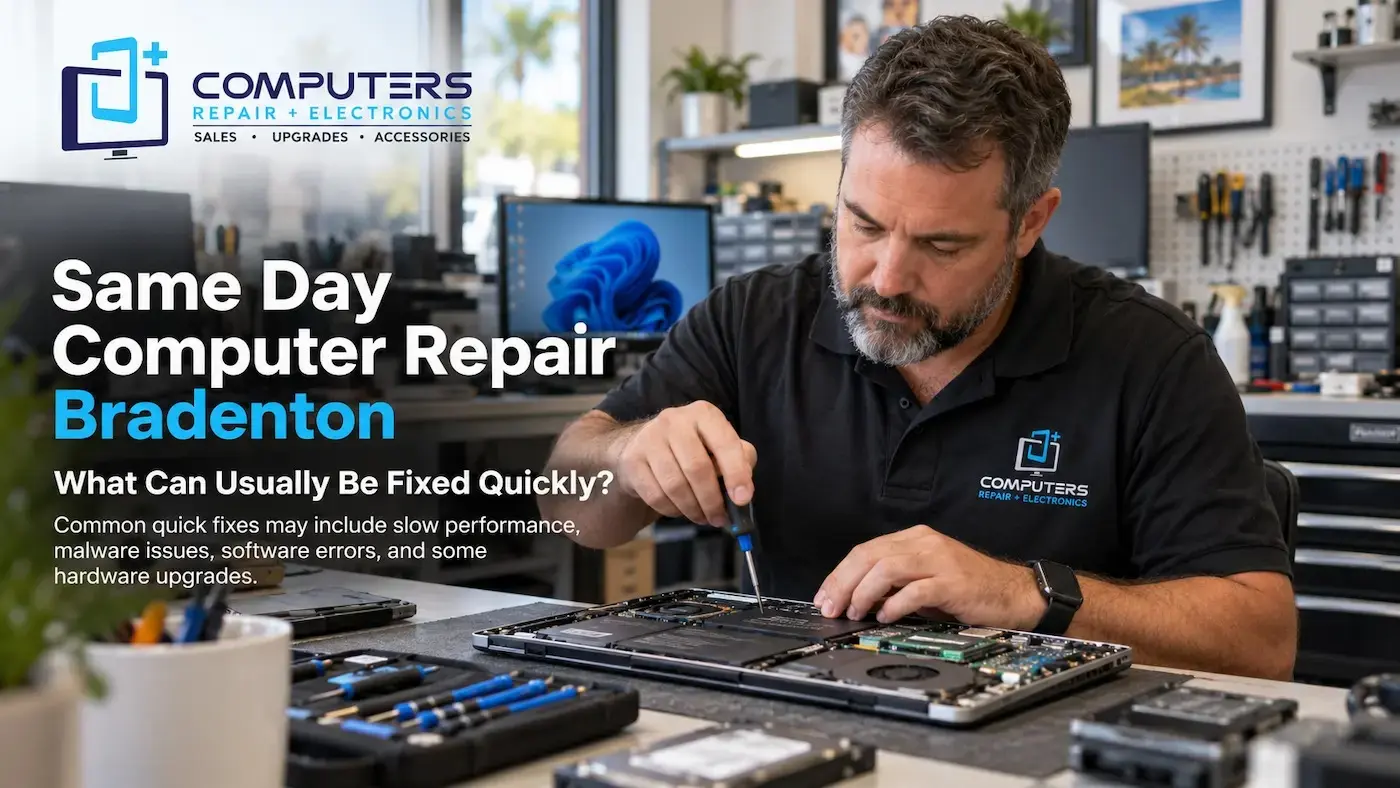 Computer repair expert diagnosing quick fixes in Bradenton