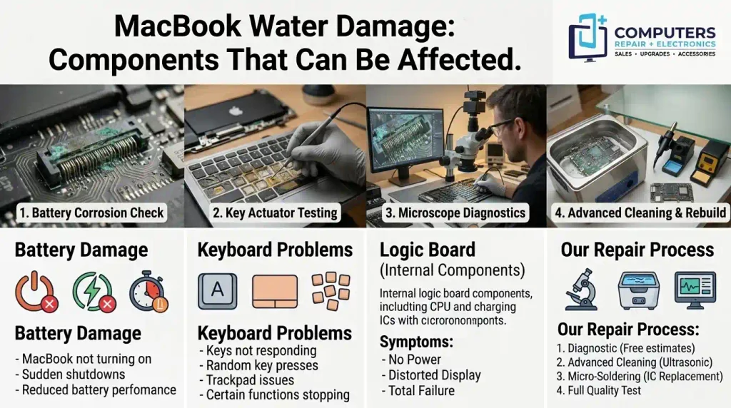 MacBook water damage components and repair process by Computers Repair Plus