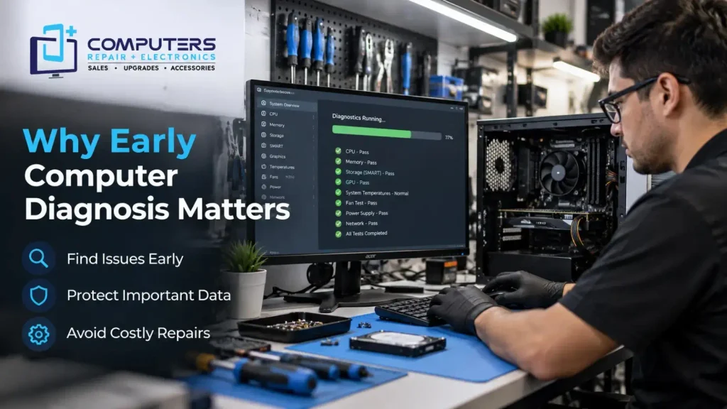 Technician performing early computer diagnostics to detect PC issues