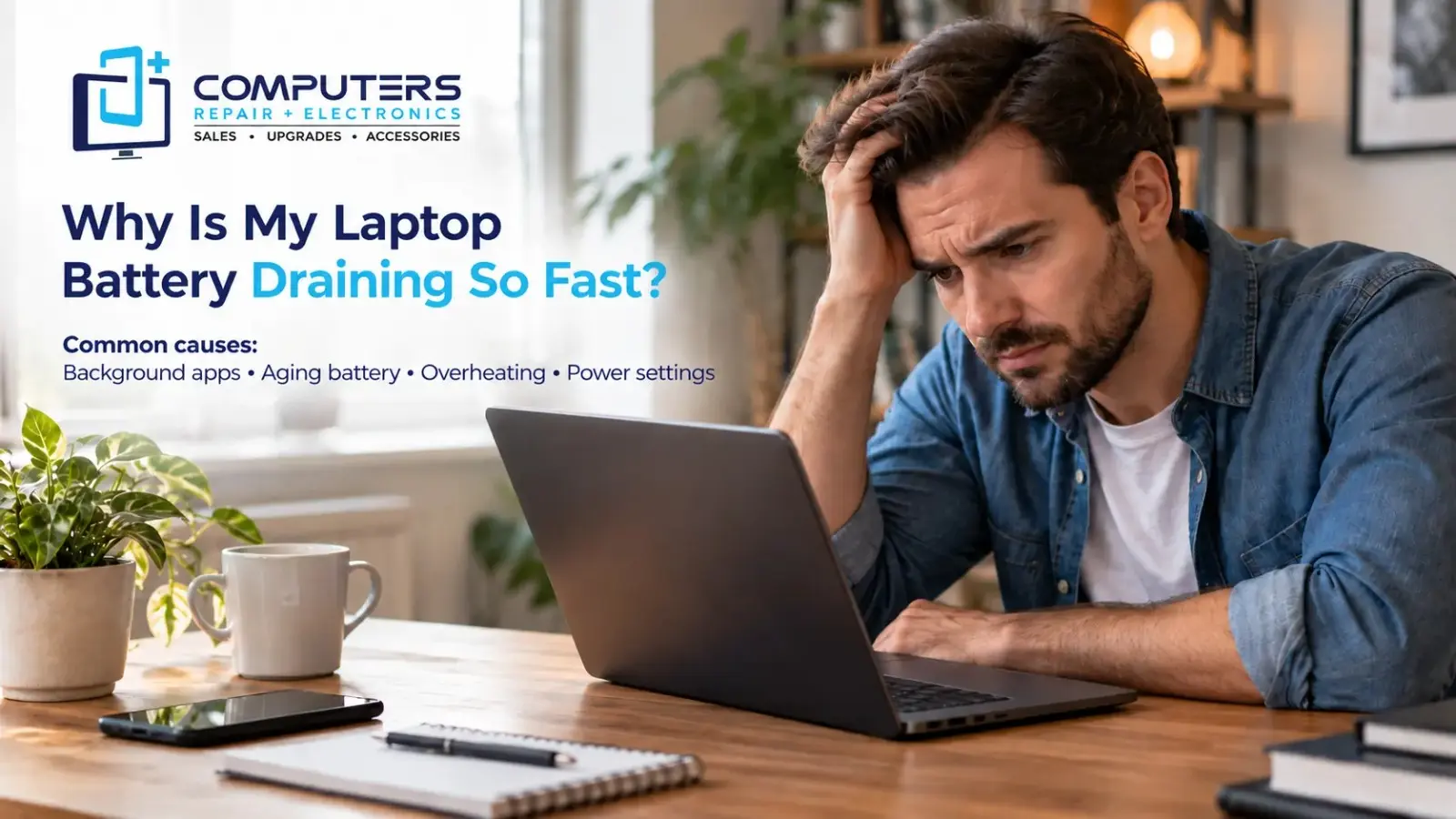 Laptop battery draining fast causes explained by Computers Repair Plus.